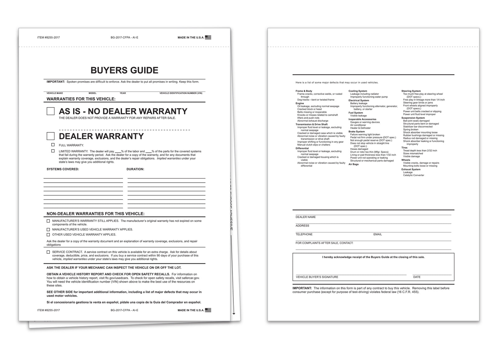 2 Part "As Is" Buyers Guide. Used for selling cars. www.flywheelnw.com