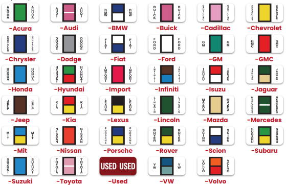 Multiple images of file folder sticker with car manufacturer names on them.  www.flywheelnw.com