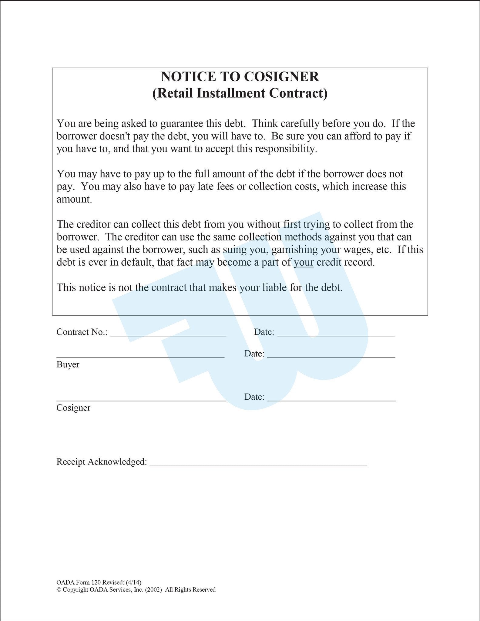 Notice to Cosigner -  Retail Installment Contract - flywheelnw.com