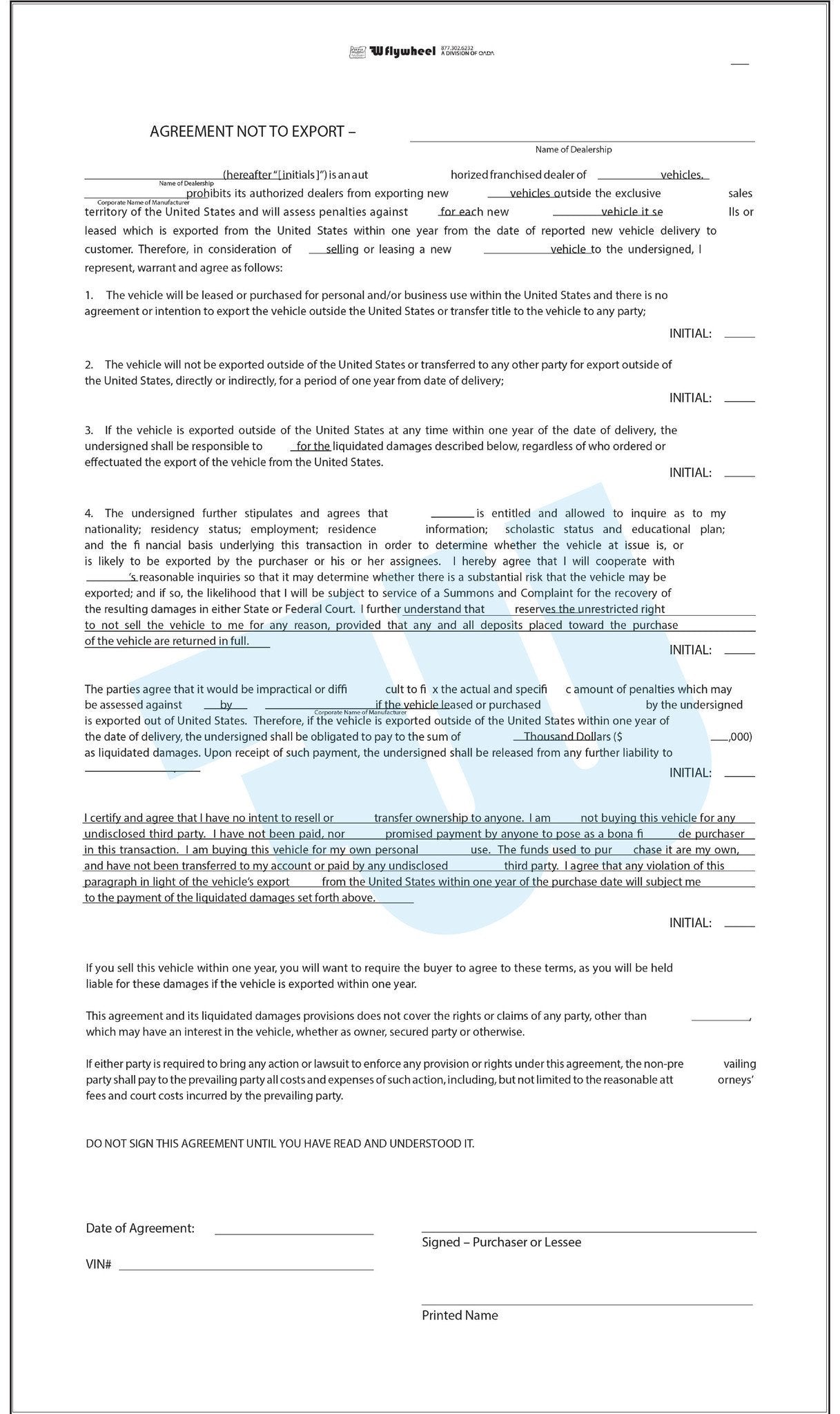 Agreement Not to Export - flywheelnw.com