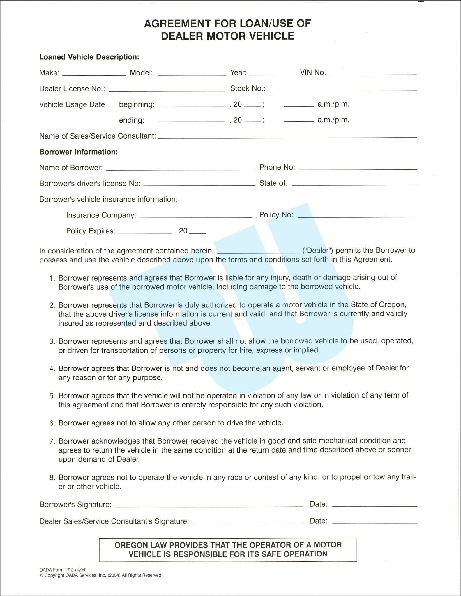 Agreement for Loan/Use of Dealer Motor Vehicle (Temporary Loan Agreement) - flywheelnw.com