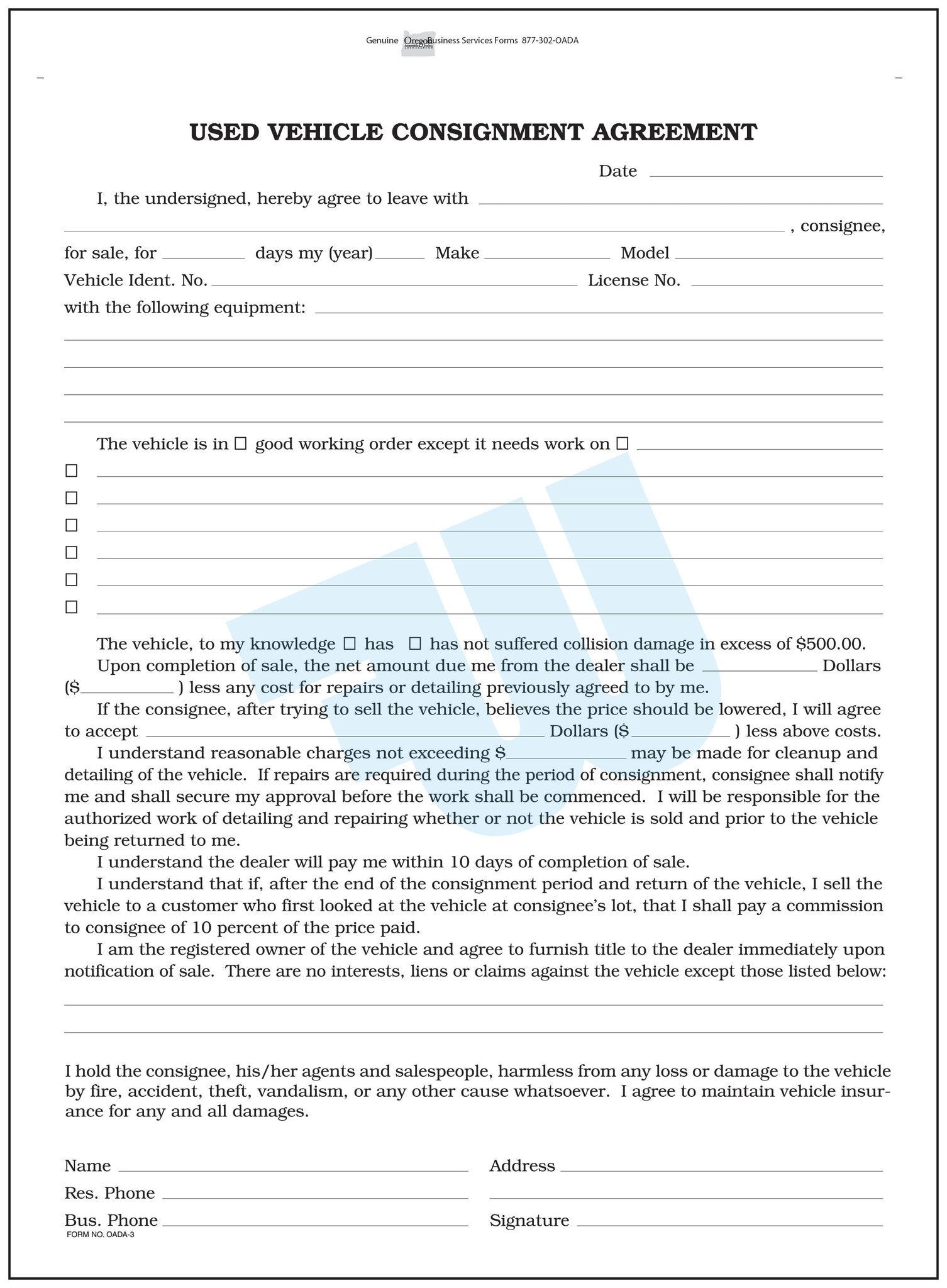 Car Consignment Note OADA-3: Used Vehicle Consignment Agreement - flywheelnw.com