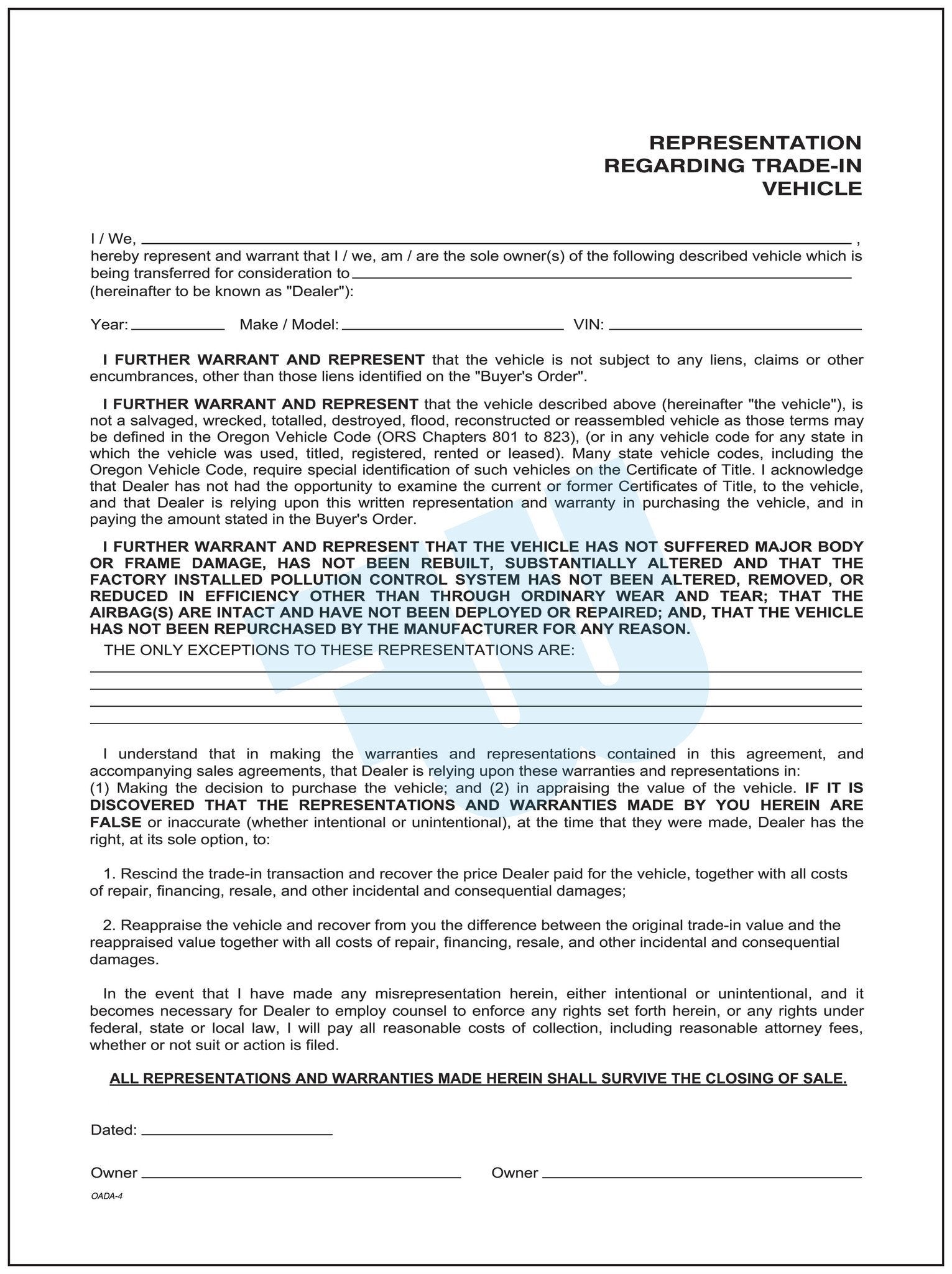 Representation Regarding Trade-In Vehicle - flywheelnw.com