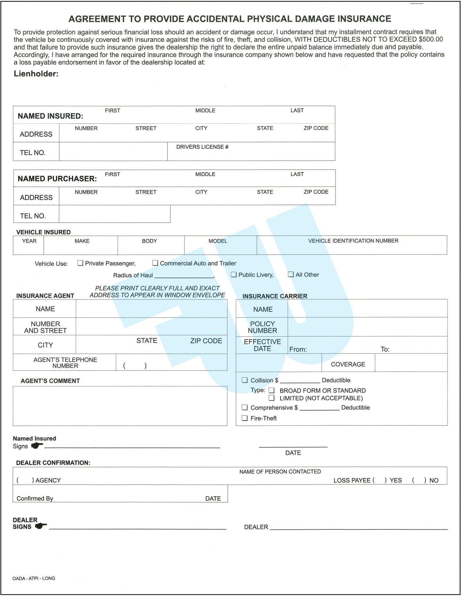 Agreement to Provide Accidental Physical Damage Insurance - LONG - flywheelnw.com