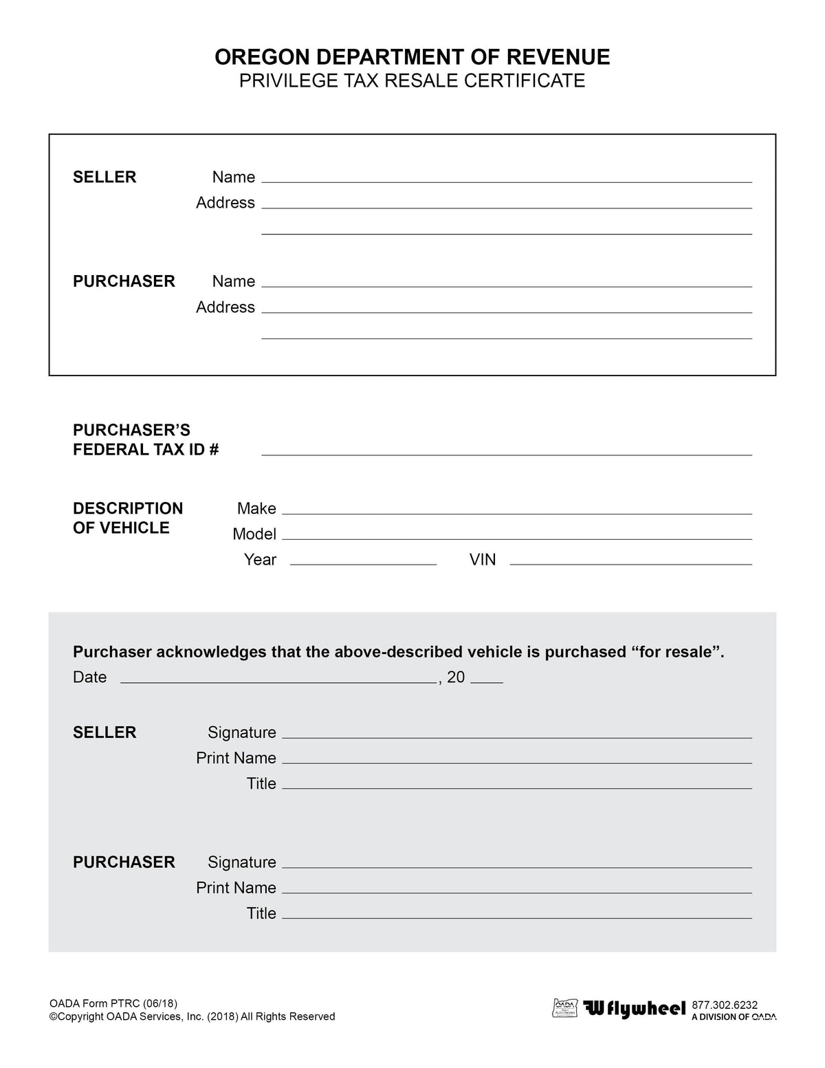 Oregon Department of Revenue Privilege Tax Resale Certificate (2-Part Form) - flywheelnw.com